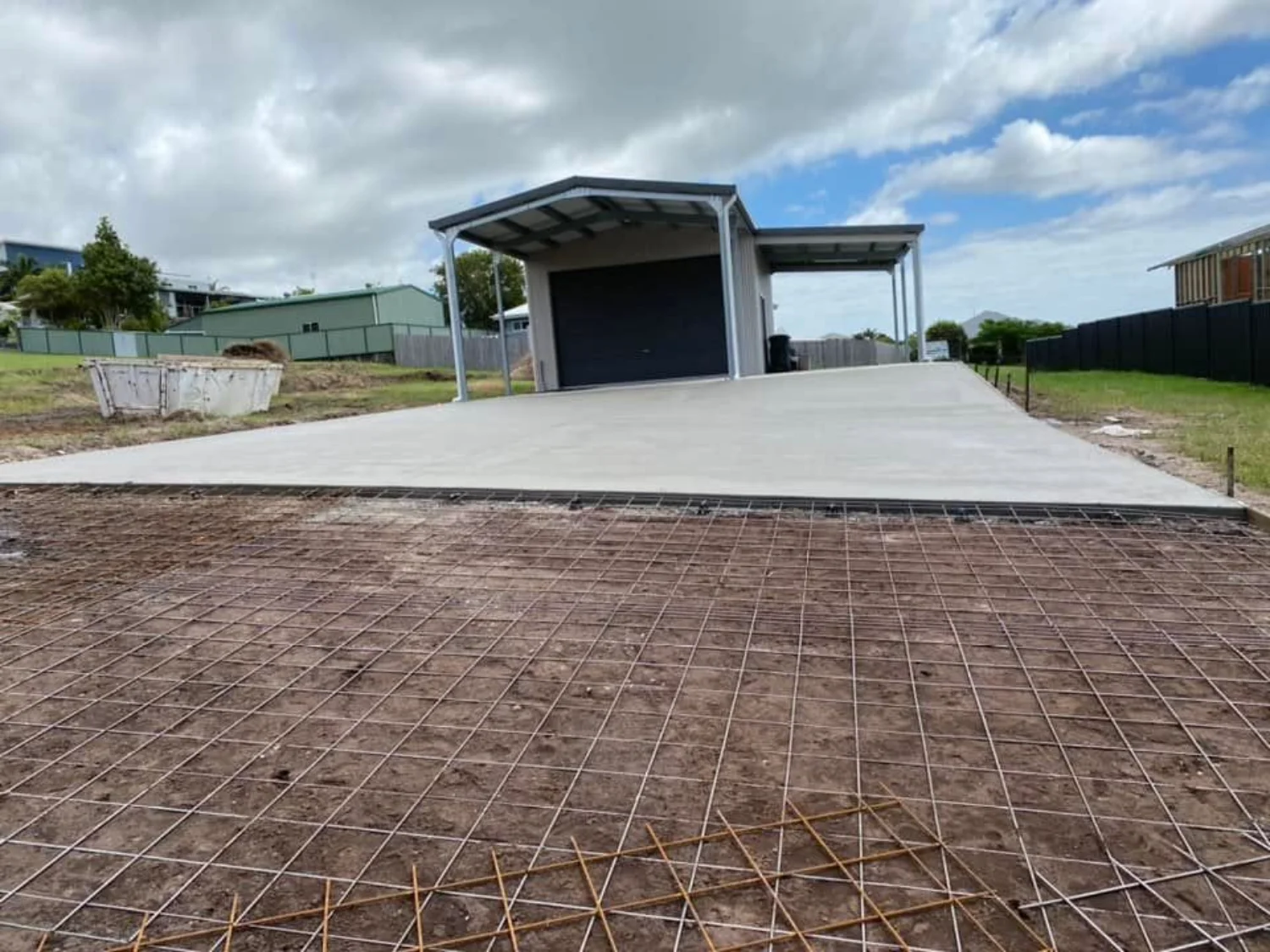 Shed and concrete shed slab with steel reinforcing, undergoing an installation by Mark Holstein Concreting
